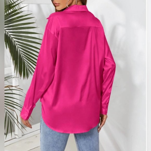 Hot Pink Satin Button Down Blouse - Picture 2 of 6
